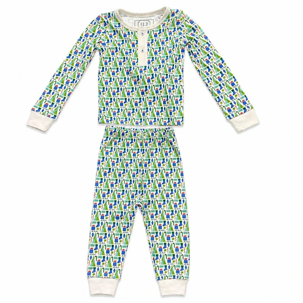Lila and Hayes Kids Christmas Pajama Set‎ 100% Pima Cotton Blue Green 6-12M NWT